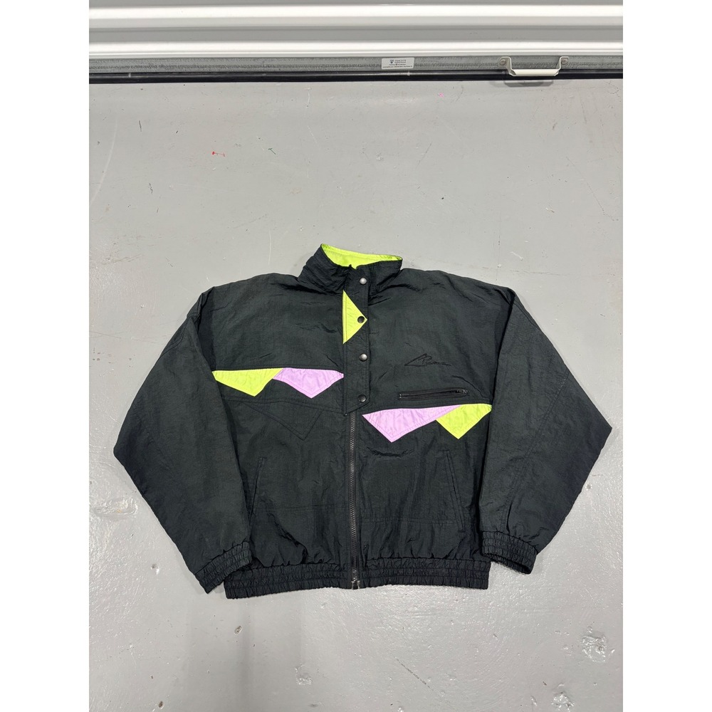 Vintage Puma Windbreaker Jacket Black Neon Green Purple Geometric Women Medium